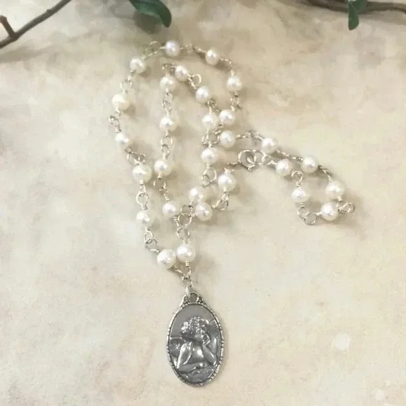 Pearl Necklace, Cultured Freshwater Pearls, Faceted Pearls, Angel Cherub - Picture 1 of 4